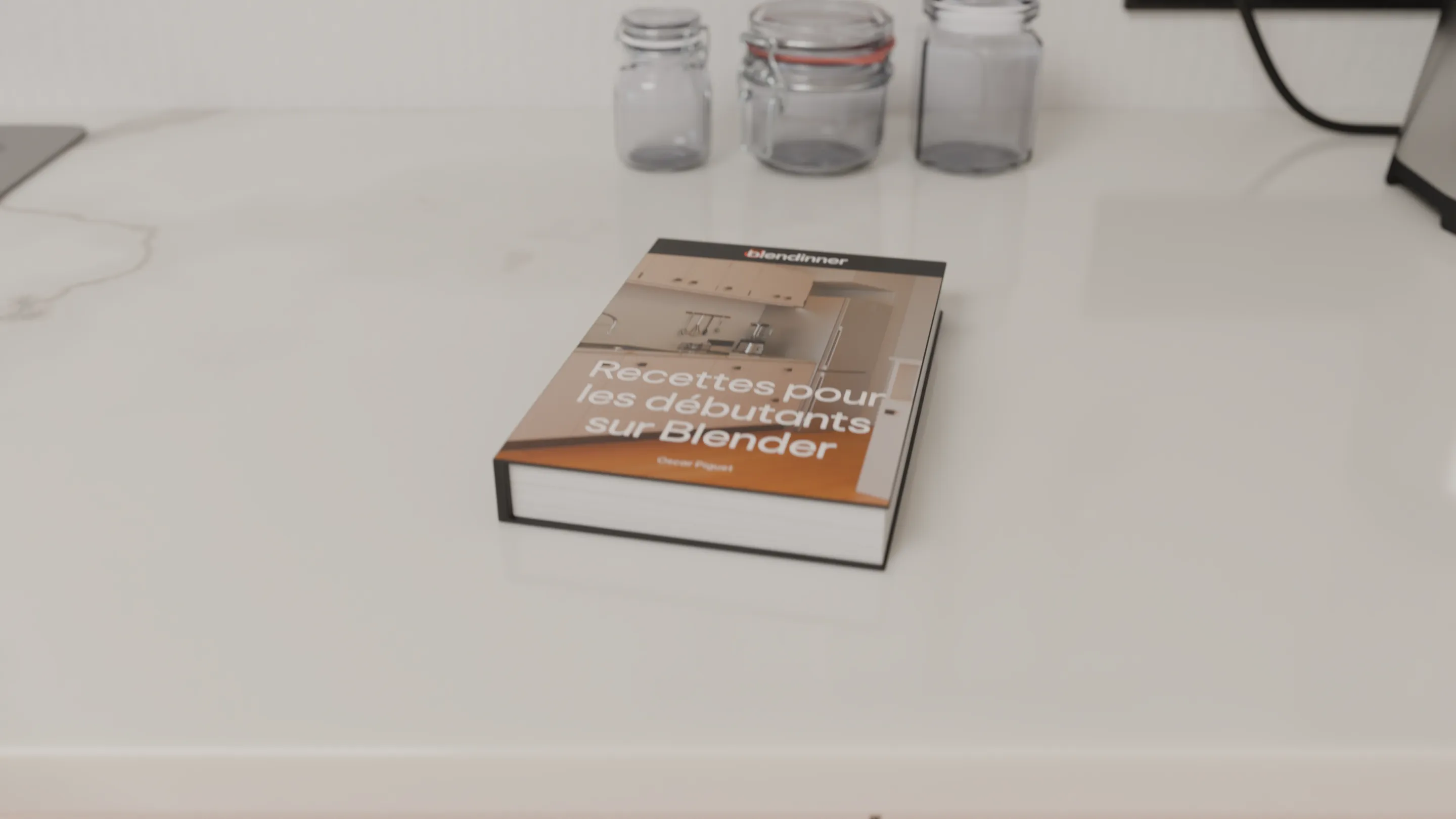 Le livre Blendinner posé sur le plan de travail d’une cuisine modélisée en 3D.