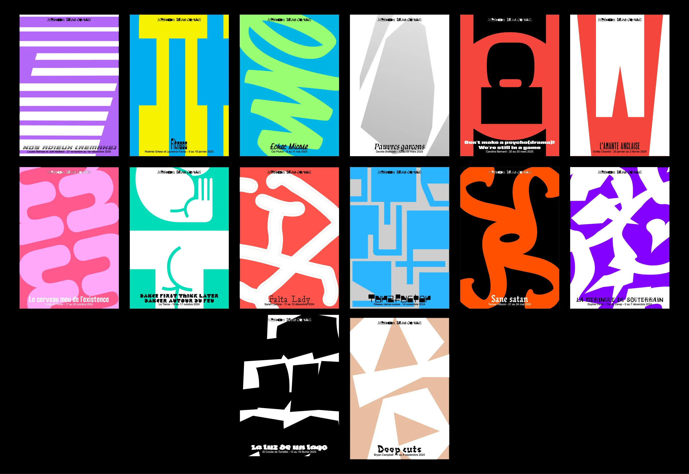 Vue d’ensemble des quatorze affiches typographiques de la saison Maison Saint Gervais.