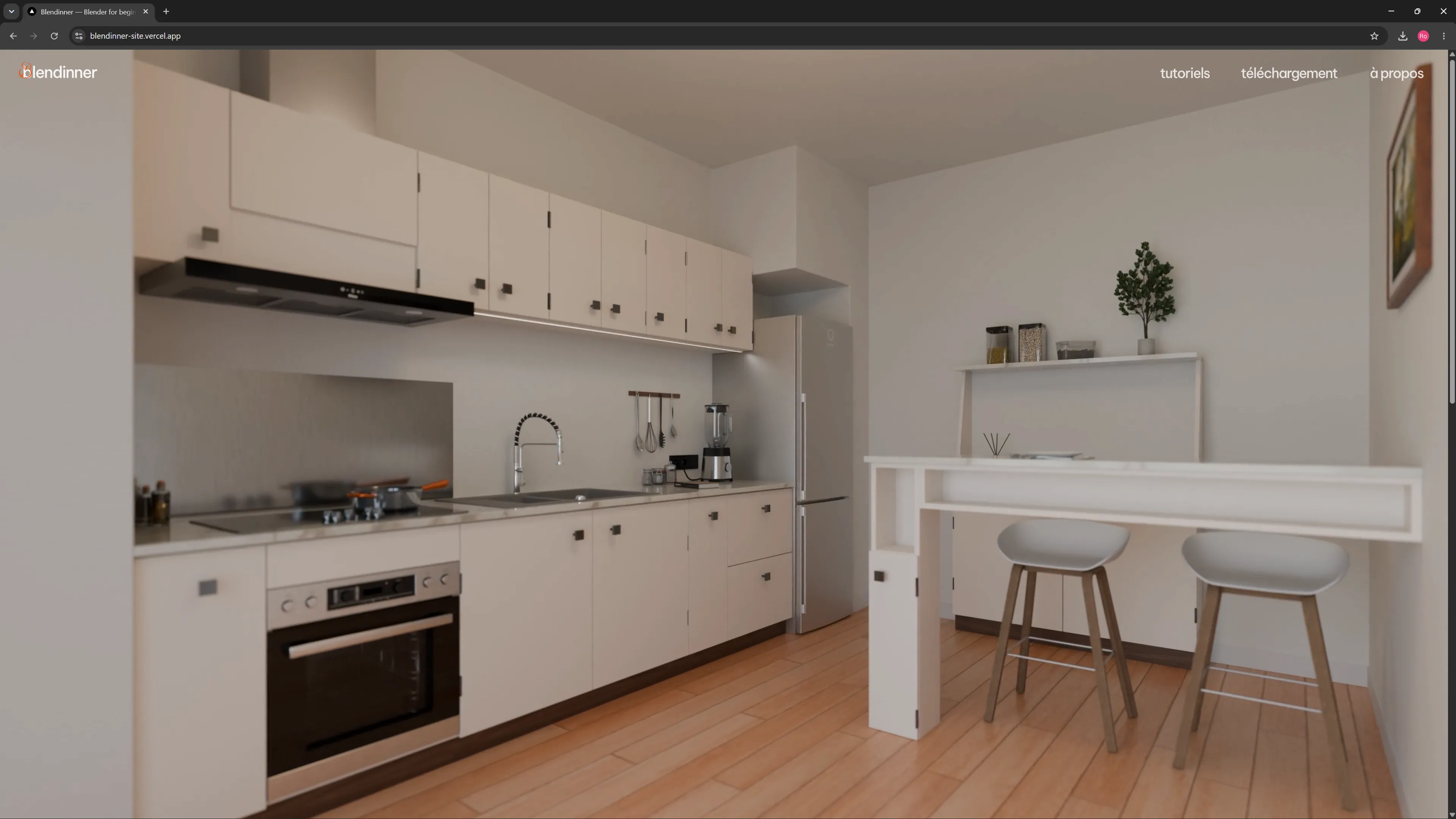 Page d’accueil du site Blendinner avec une cuisine en 3D.