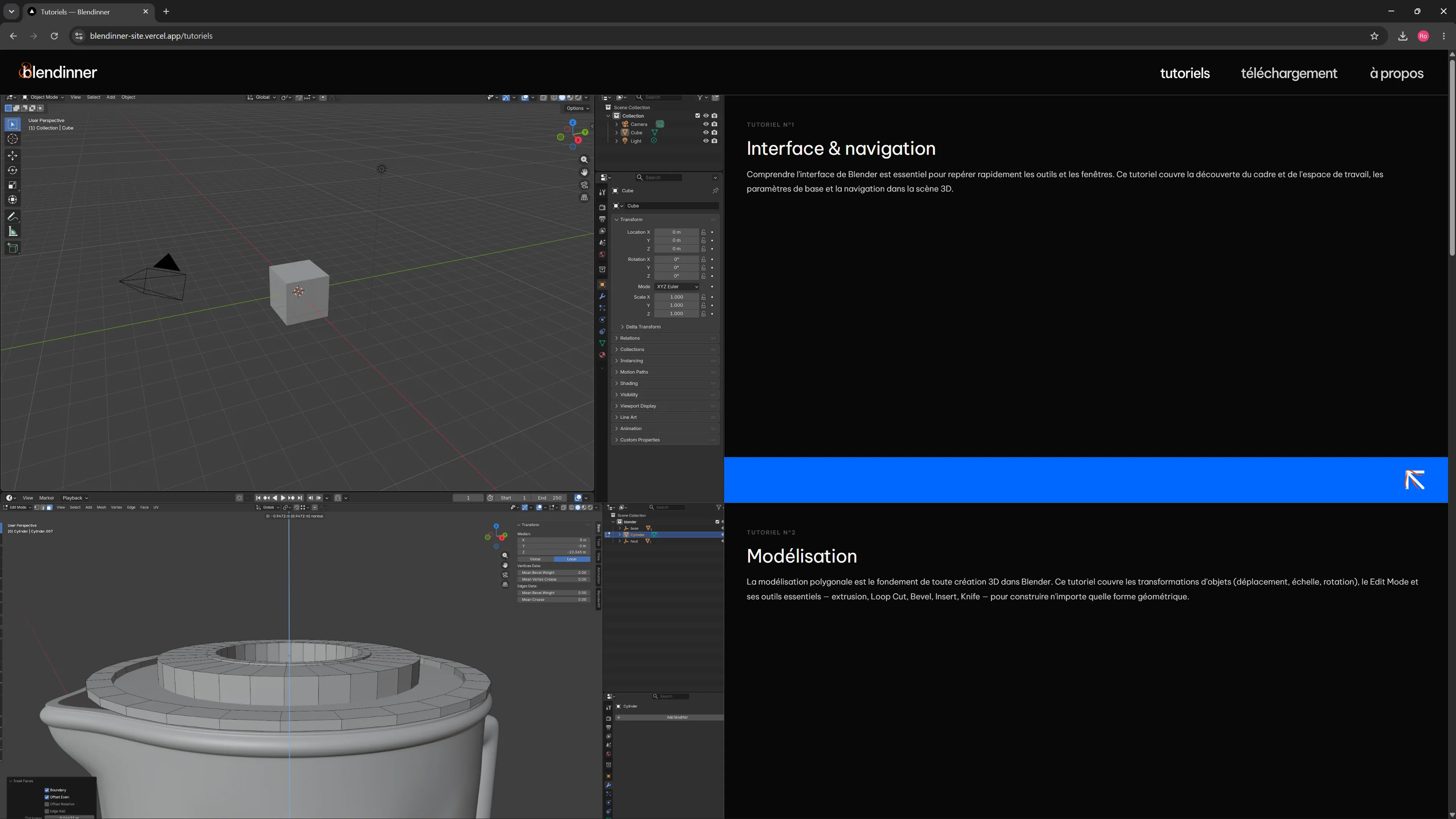 Liste des tutoriels Blendinner : interface, navigation et modélisation.