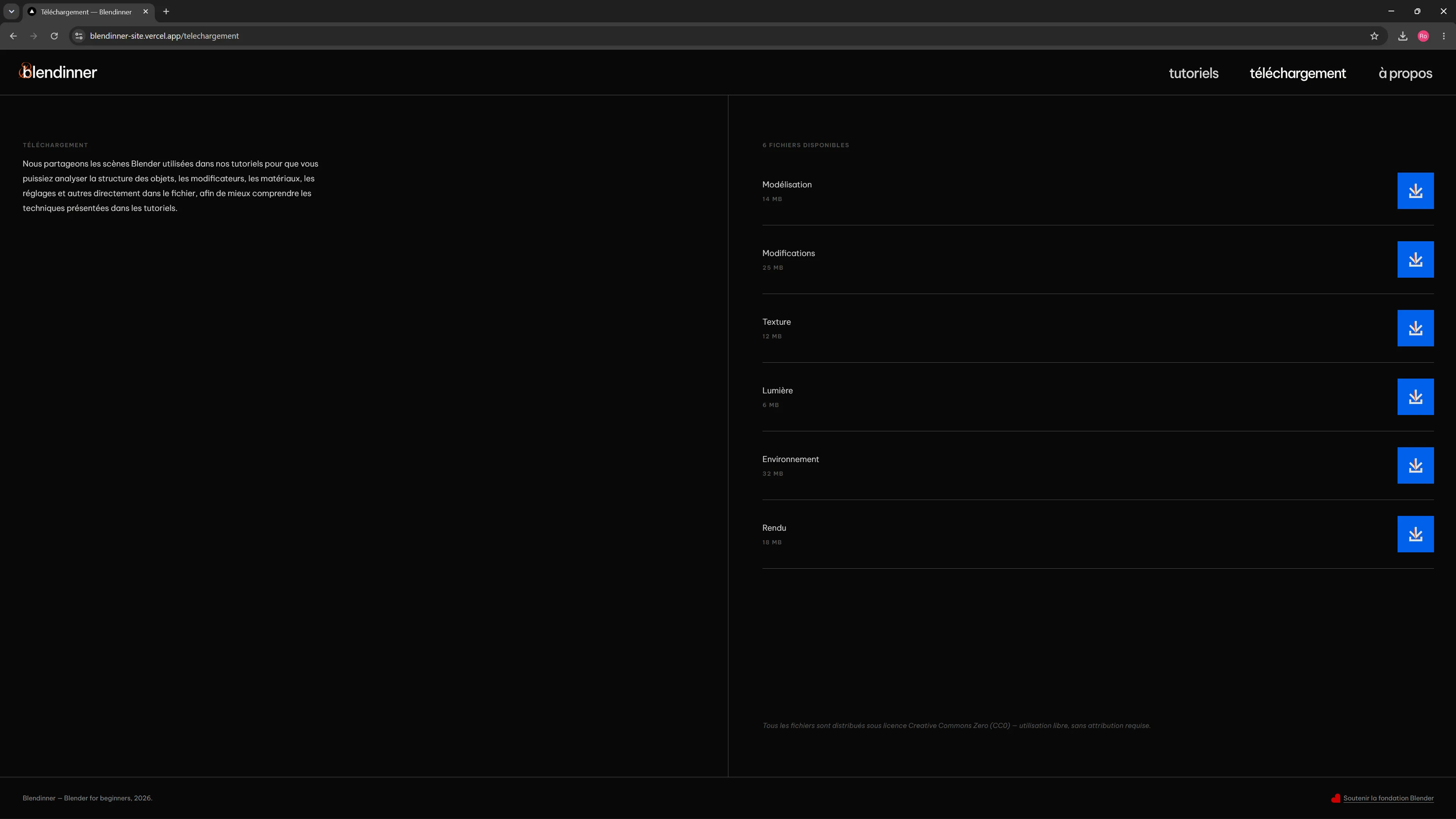 Page de téléchargement des fichiers d’apprentissage Blendinner.